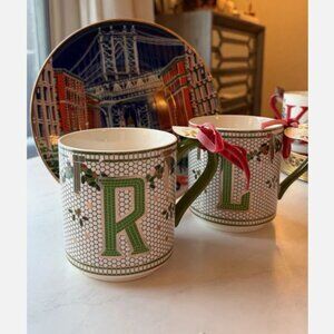 NEW Anthropologie The Bistro Tile Stoneware Monogram Mug Festive Edition R